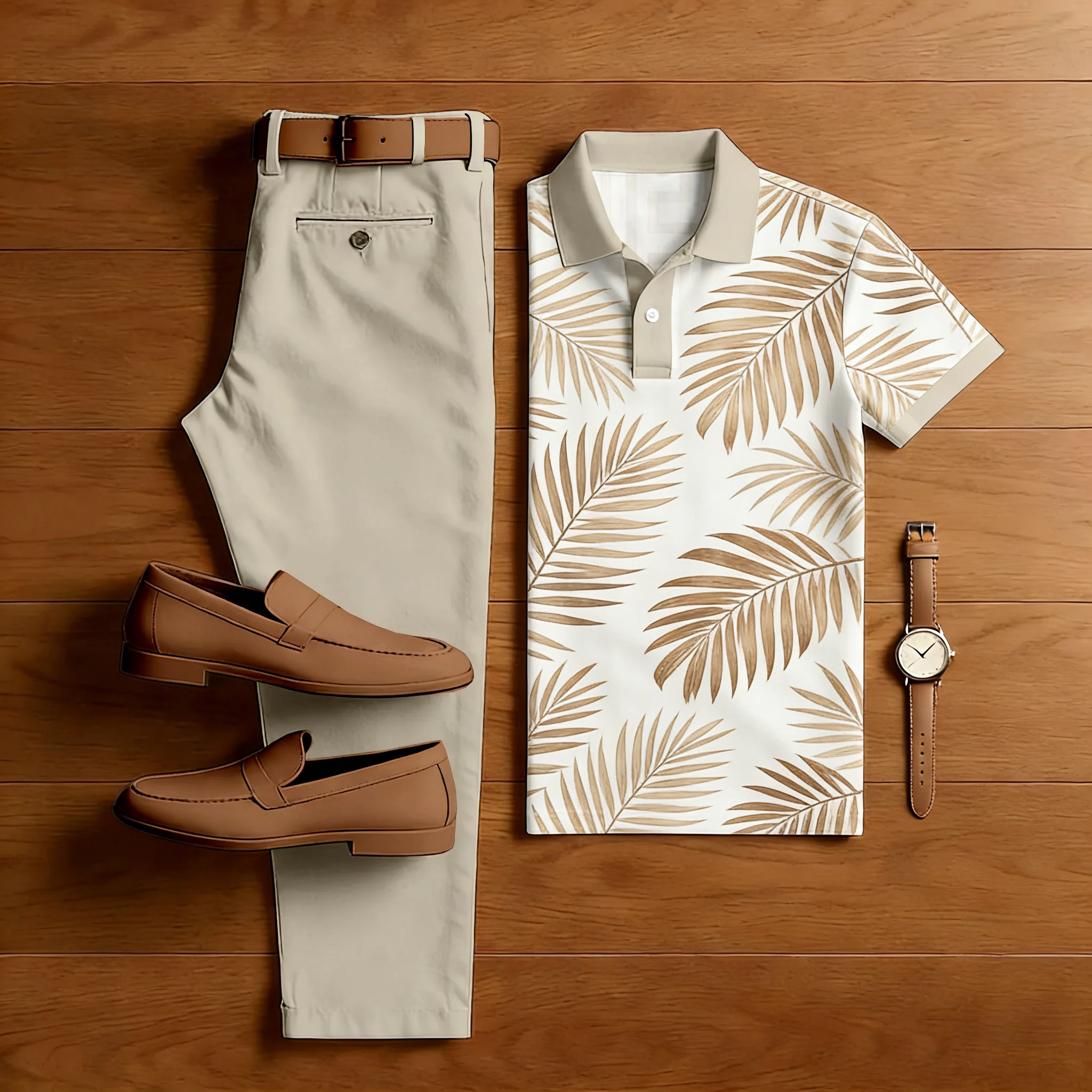 Conjunto de dos piezas casual Apricot Maple Leaf estampado camisa polo And Trousers para hombre