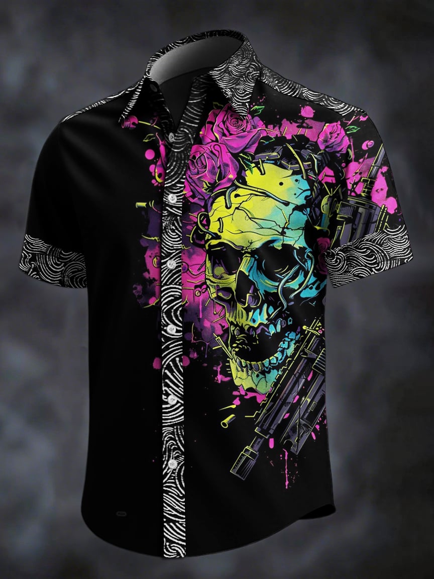 Camisa retro Skull estampado solapa de manga corta para hombre