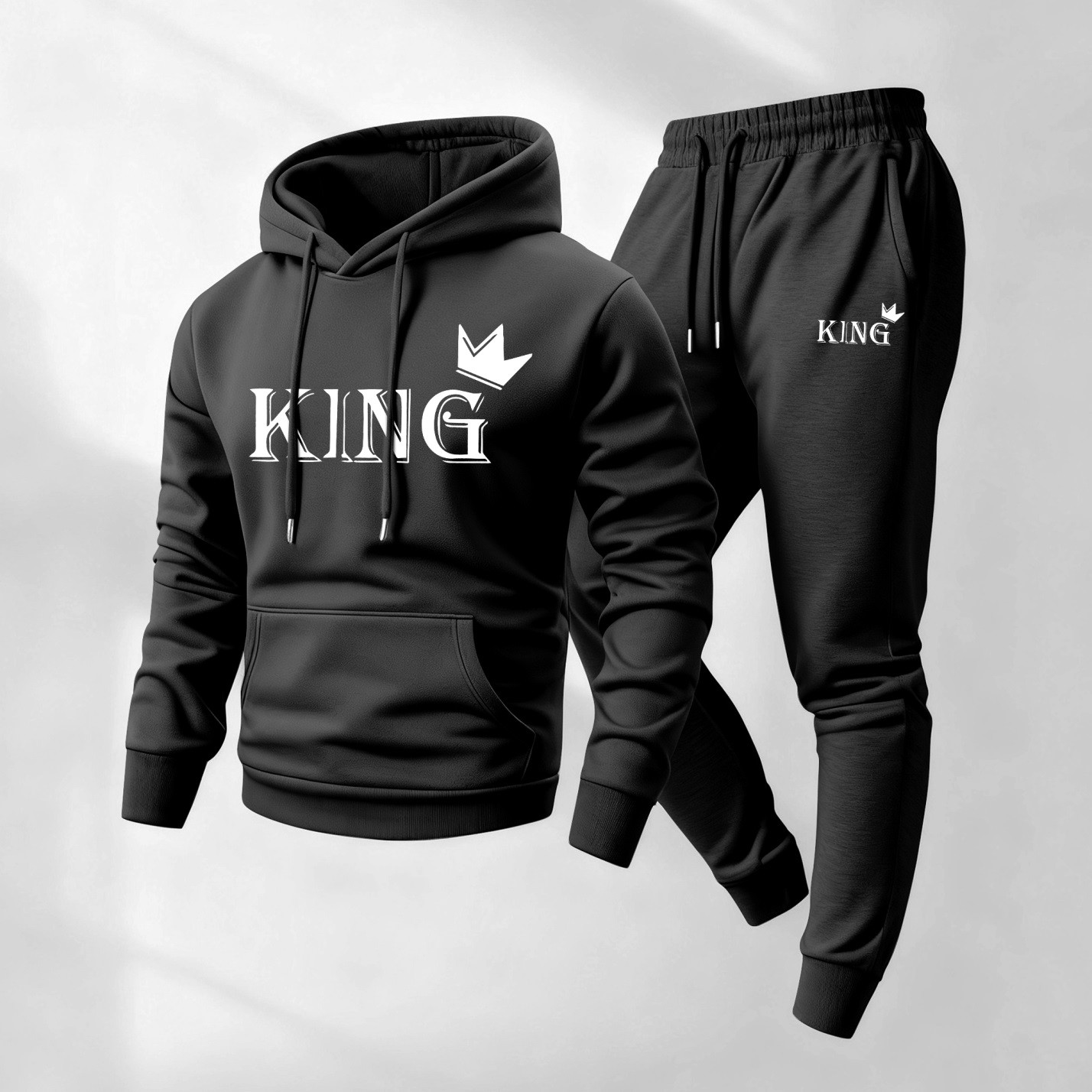 Sudadera con capucha King Pattern estampado and Drawstring Sweatpantalón Set, Menswear, casual Athletic de manga larga Hooded chaqueta & Trousers for Fall & Winter, Clothing for para uso diario Wear, Sportswear Indoor para exterior, Tracksuit, Athleisure para hombre