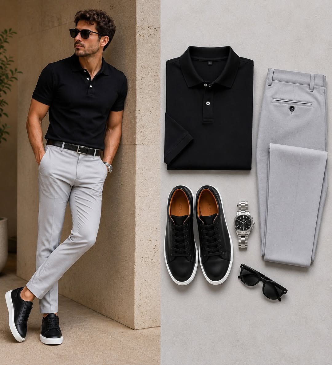 Conjunto de dos piezas casual Black Color camisa polo & pantalón para hombre