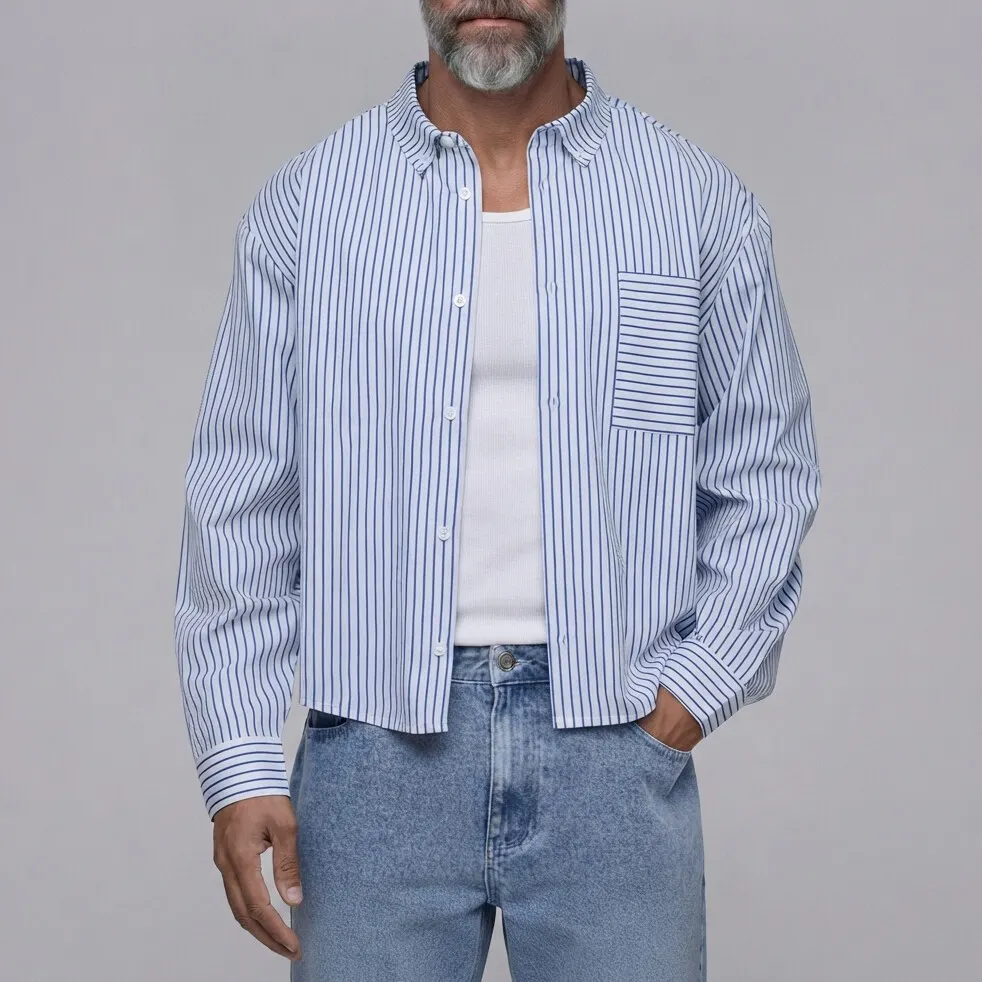 Camisa clásico a rayas estampado Chest Pocket con botones de manga larga para hombre
