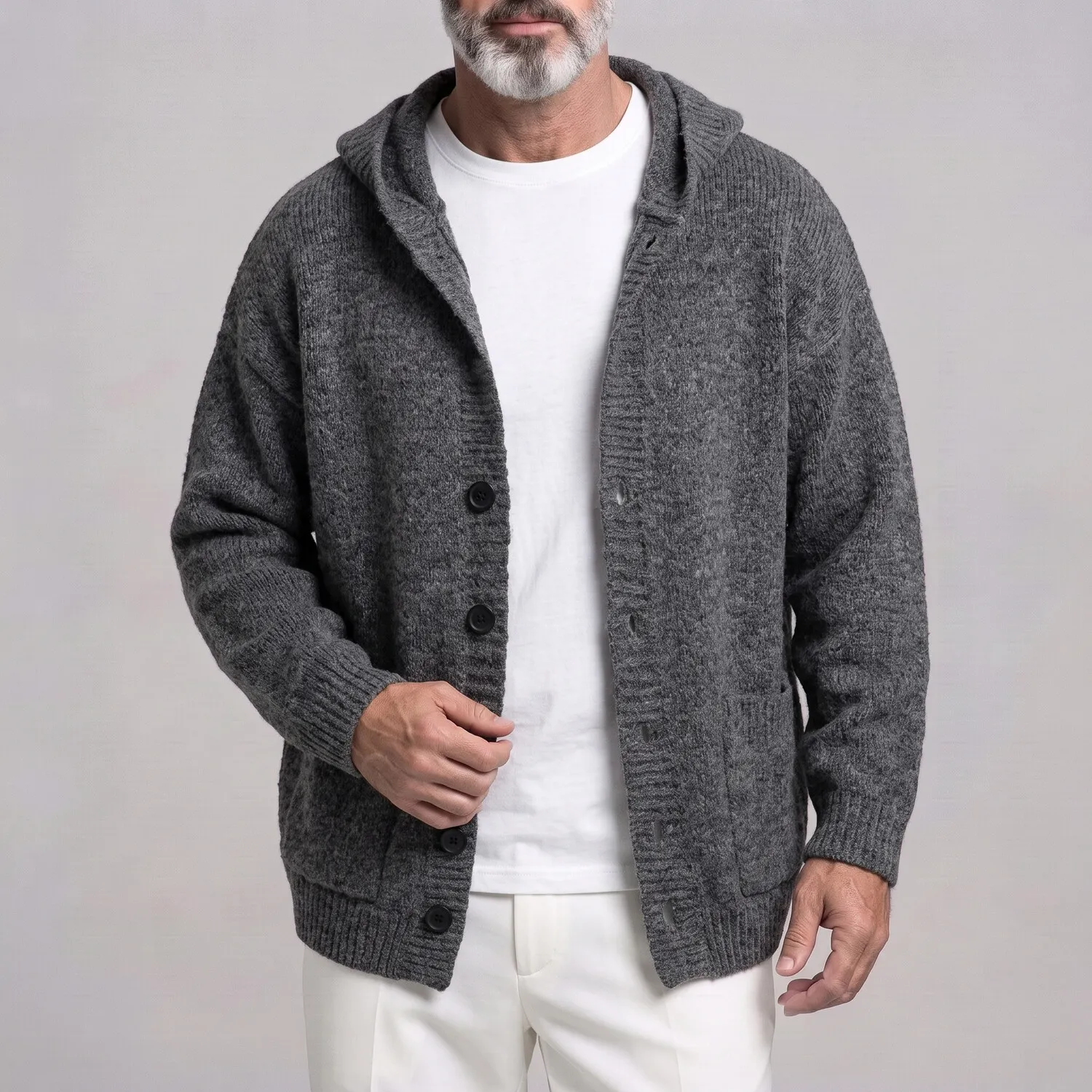 para hombre casual de color sólido Single Breasted Pockets Drop Shoulder holgado tejido Hooded Cardigan