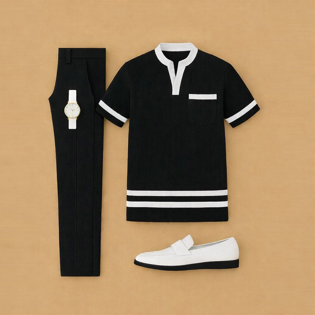 Conjunto de dos piezas casual Black Color Matching estampado de manga corta Henry Collar camiseta & Trousers para hombre