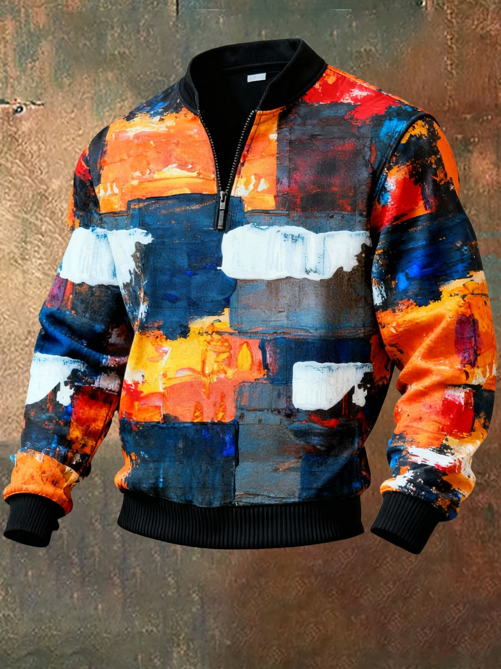 Sudadera casual retro Contrast Color Half Zip Stand cuello de manga larga para hombre