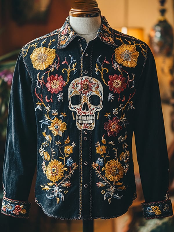 Camisa para exterior vintage Skull and floral estampado de manga larga para hombre