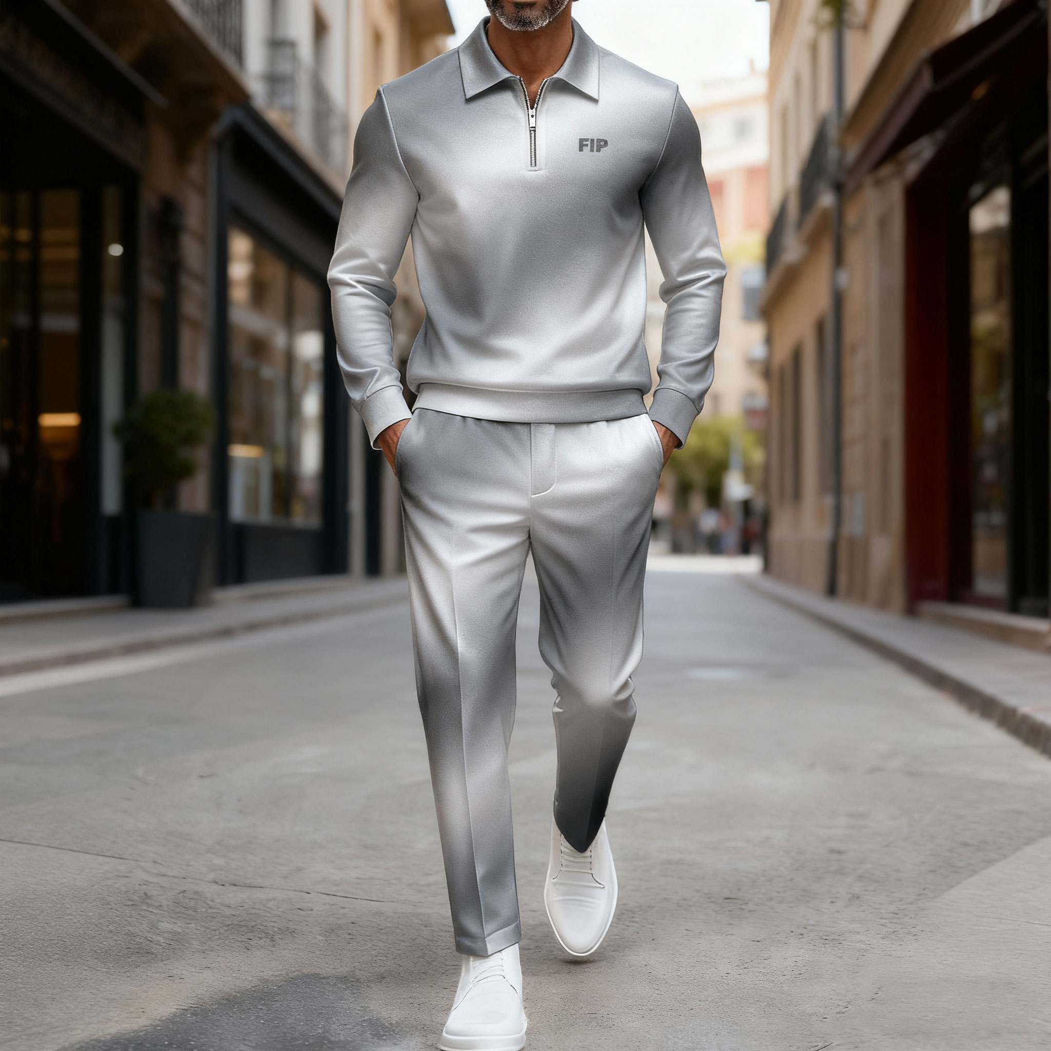 Conjunto de dos piezas casual Gray Gradient Color Matching estampado Polo-Collar Zipper de manga larga Trousers para hombre