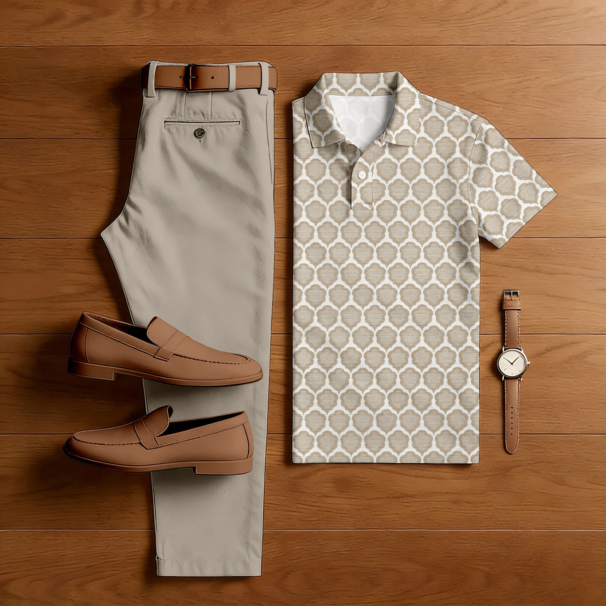 Conjunto de dos piezas casual Light Brown & White Color Matching Checkered estampado de manga corta camisa polo & Trousers para hombre