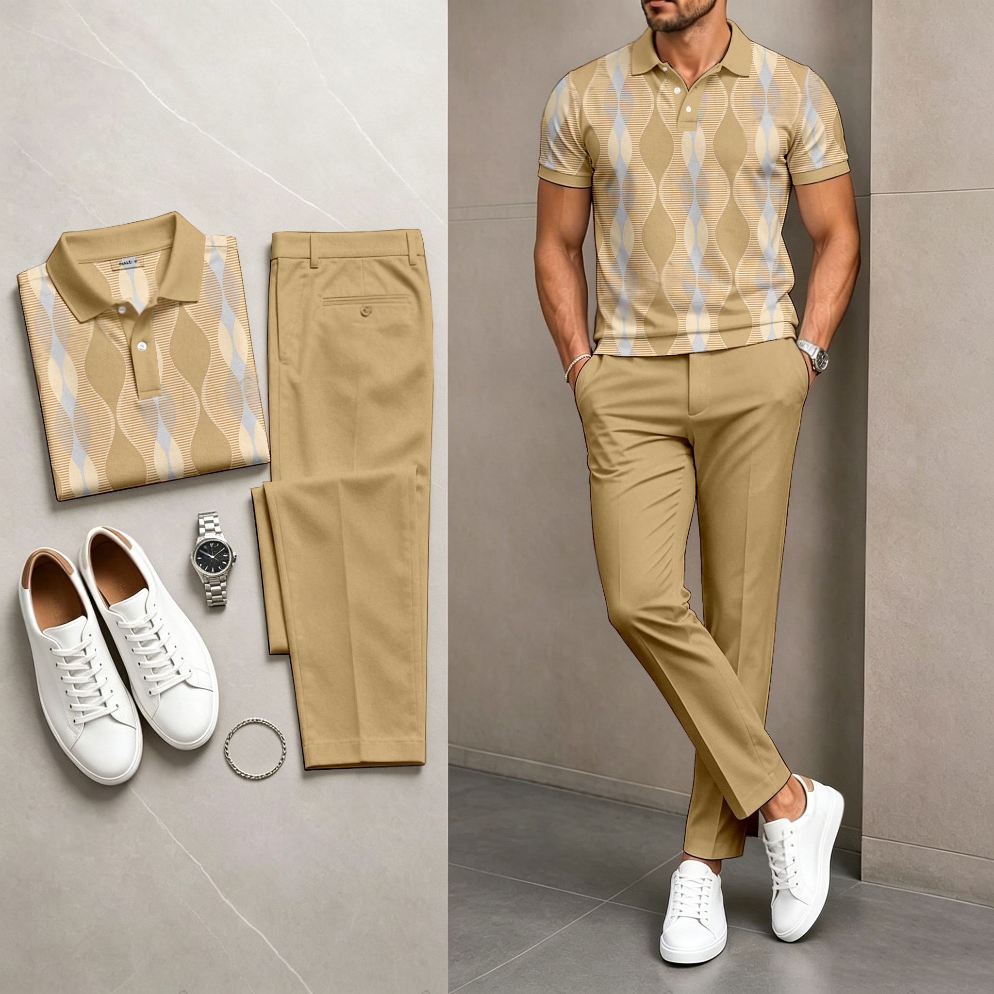 Conjunto de dos piezas casual Khaki a cuadros estampado camisa polo And pantalón para hombre
