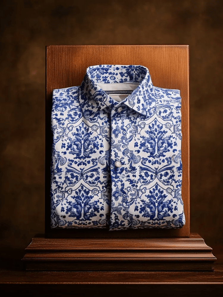 Camisa de lujo Romantic Contrast Color estampado de manga larga para hombre