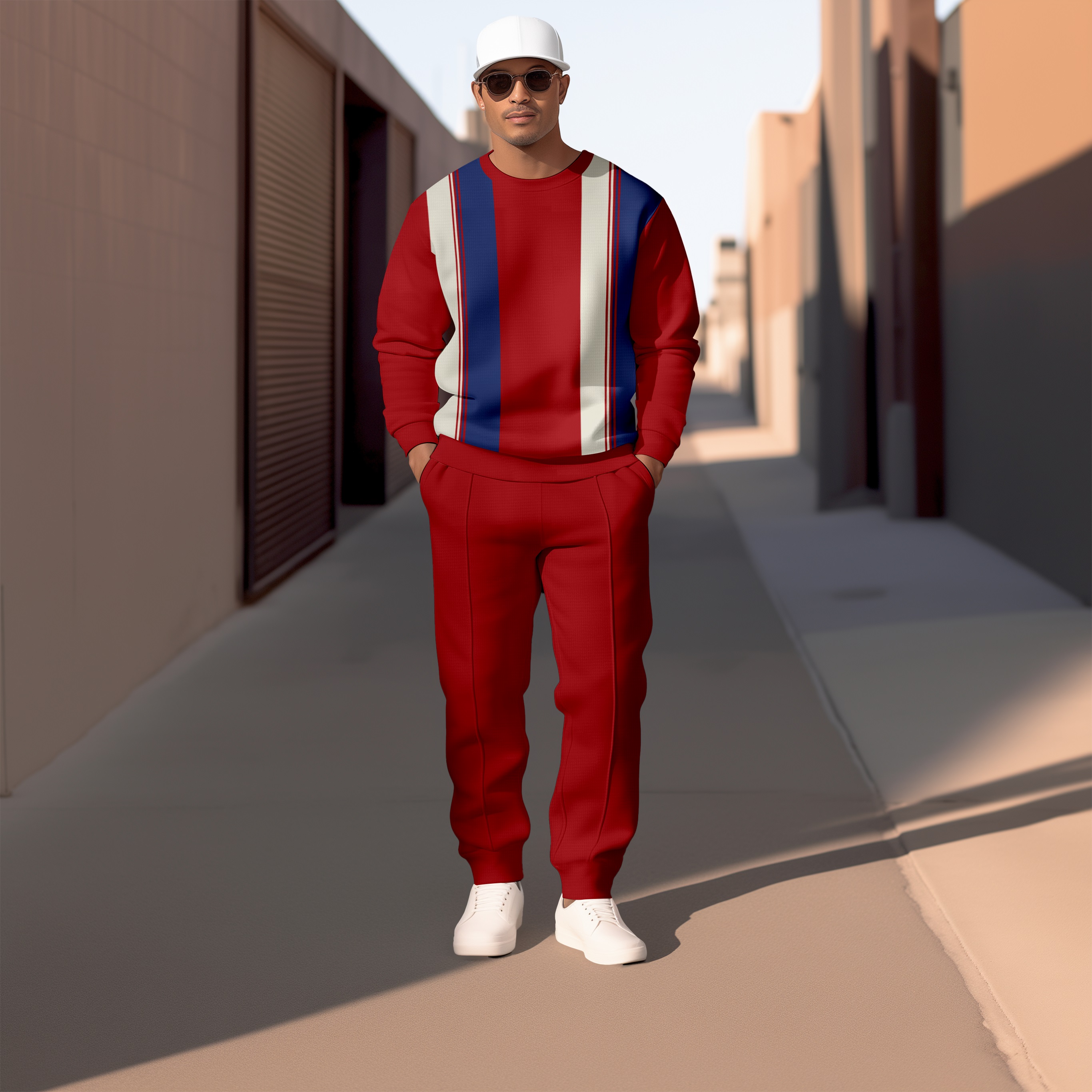 Simple Colorblock Round Neck casual Sports Set 050 para hombre