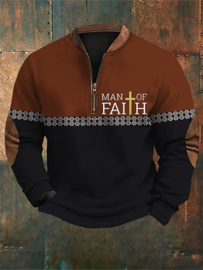 Sudadera retro Western Style Faith Cross estampado cierre Neck para hombre