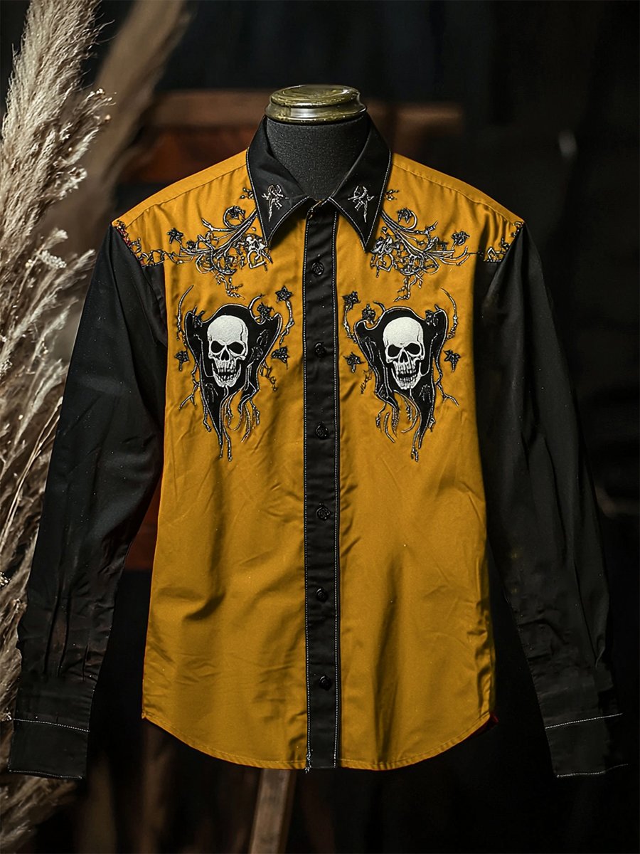 Camisa retro casual Skull estampado de manga larga para hombre