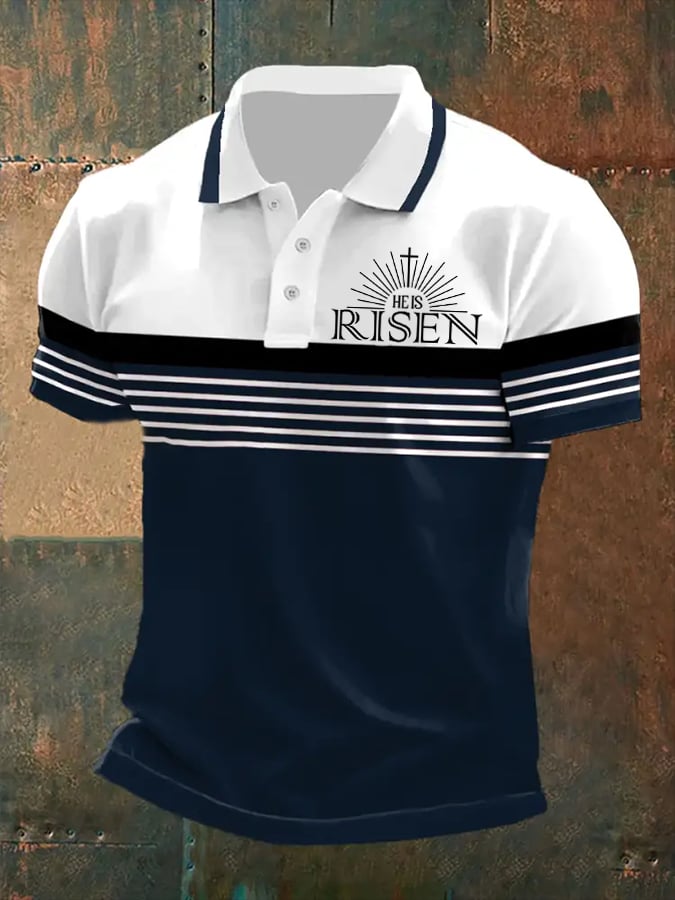 Camisa polo retro “He Is Risen�? casual estampado para hombre