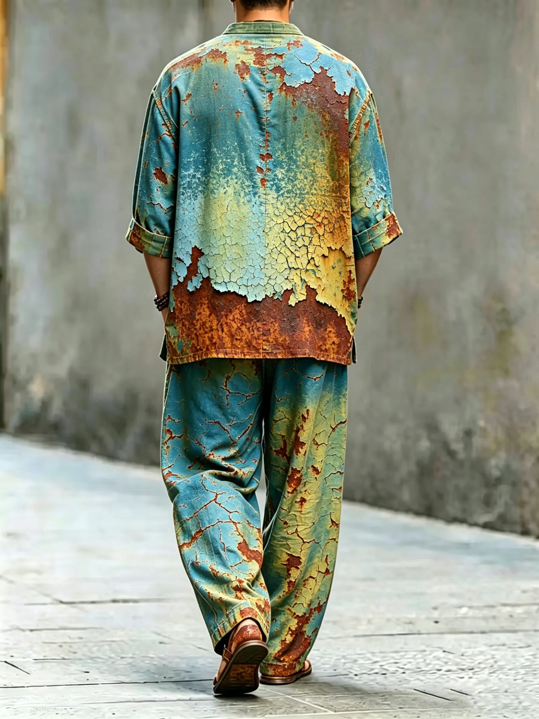 para hombre vintage Abstract Art estampado de algodón camisa Set (Top & pantalón)