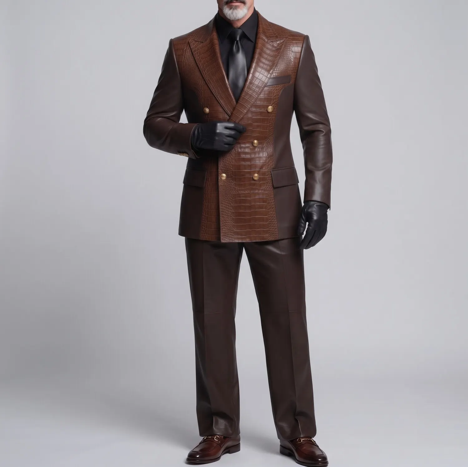 para hombre Dark Brown PU Leather Crocodile Pattern Peak Lapel Double-Breasted Two-Tone saco