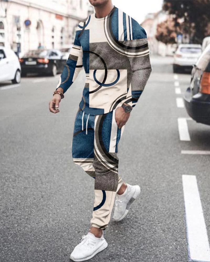 para hombre casual color-block print color-block de manga largad sports set 017