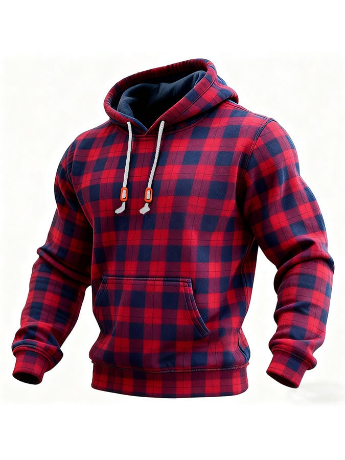 Sudadera casual retro a cuadros estampado de manga larga Hooded para hombre