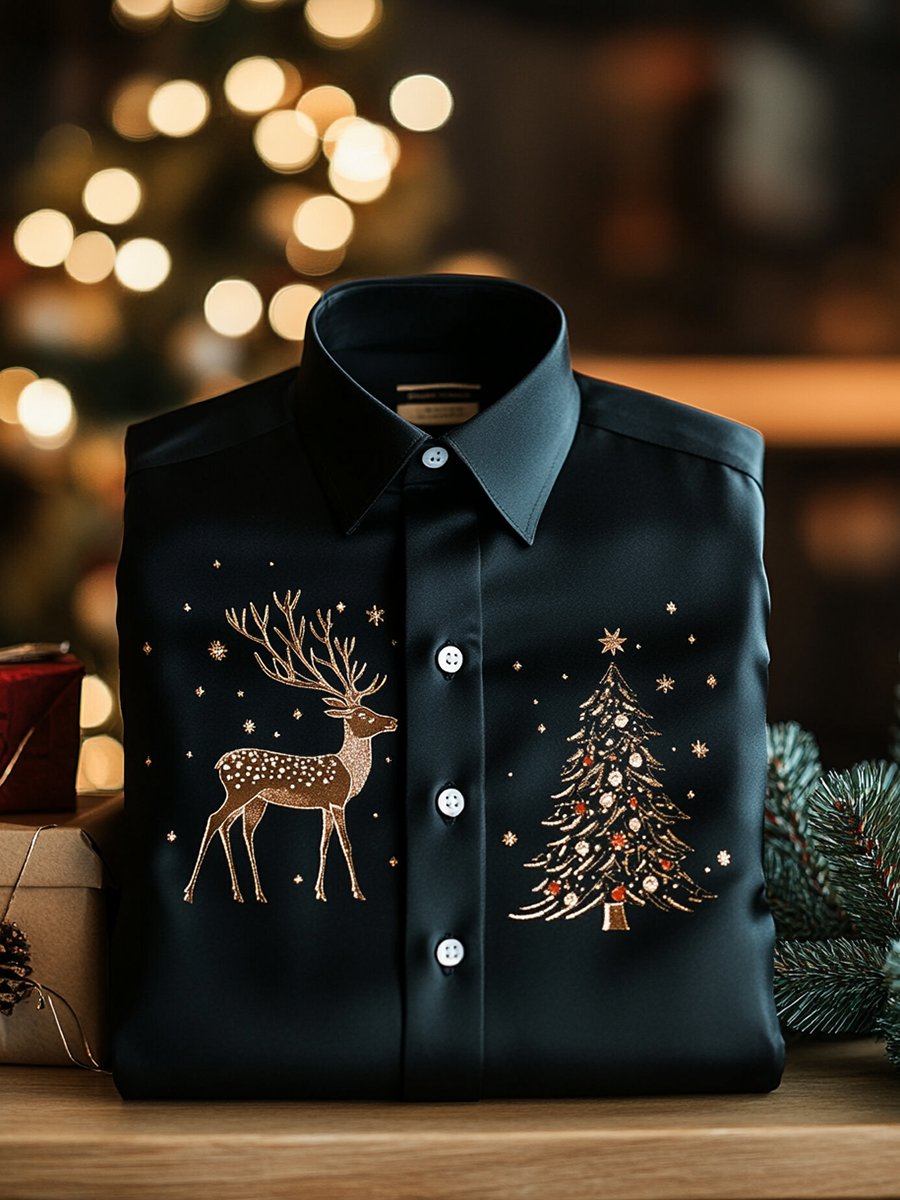 Camisa ejecutivo Christmas Elk Christmas Tree de manga larga para hombre