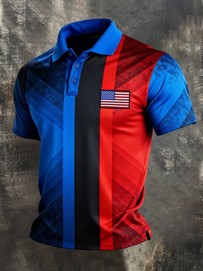 Retro Patriot en bloques de color Polo Collar de manga corta para hombre