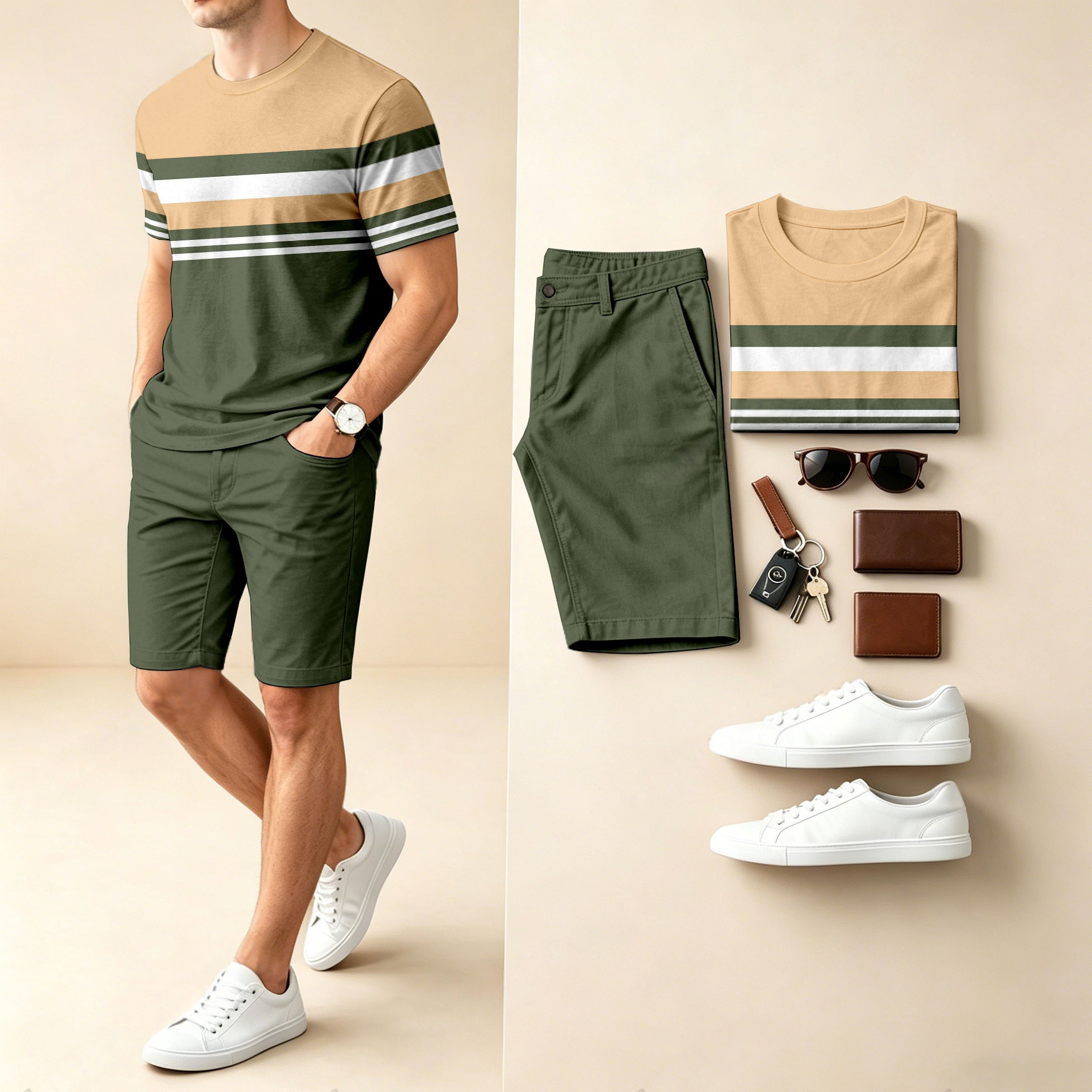 Conjunto de dos piezas casual a rayas Color-Block estampado Round-Neck de manga corta camiseta And shorts para hombre