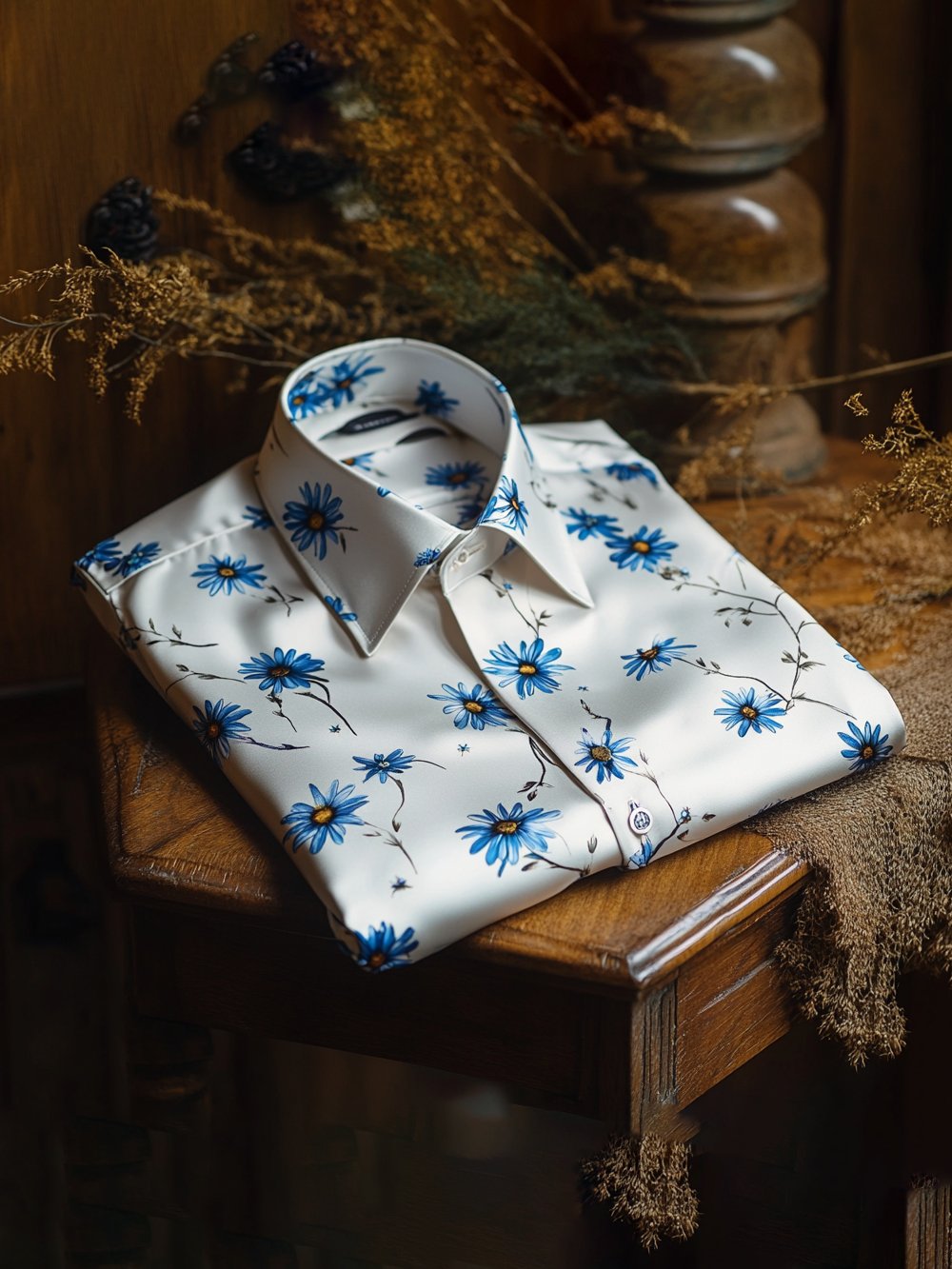 Camisa ejecutivo casual Blue floral solapa de manga corta para hombre
