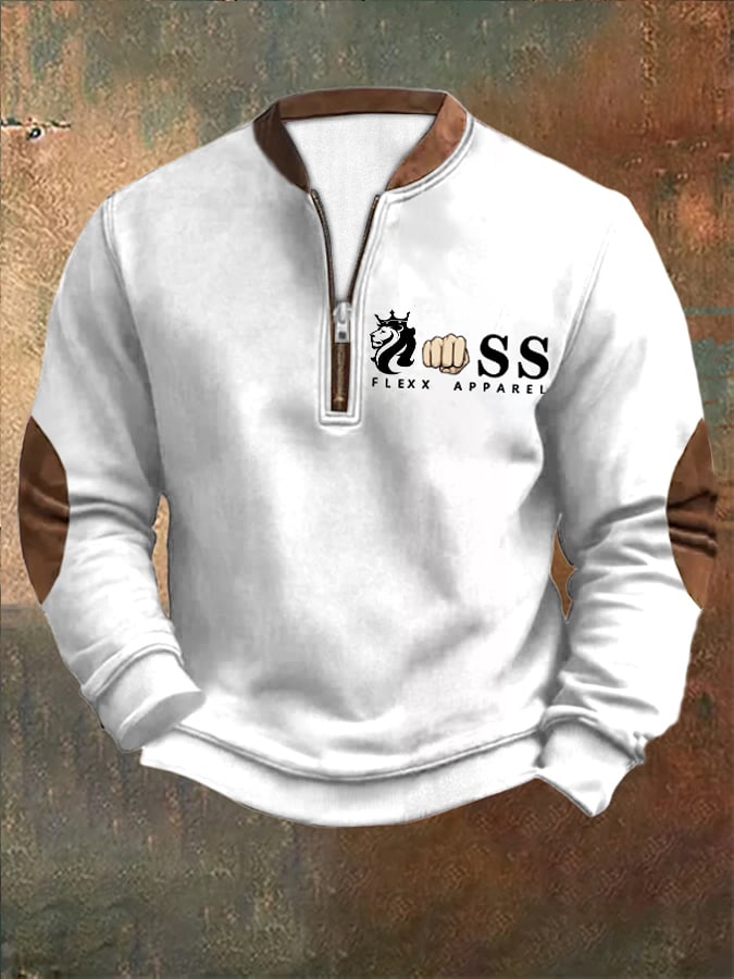 Sudadera retro Letter Design estampado cierre cuello para hombre