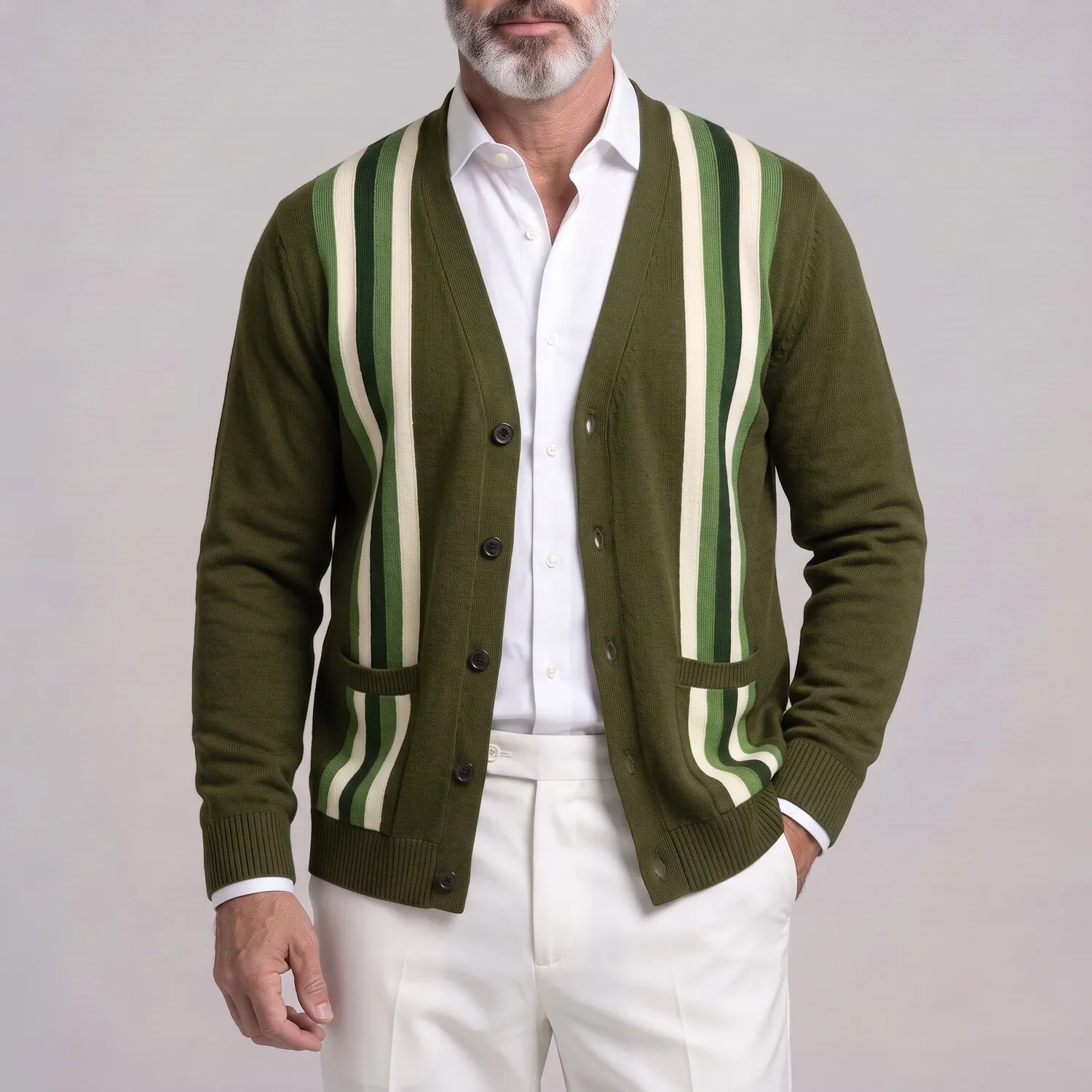 para hombre clásico Contrast a rayas V Neck Single Breasted Patch Pockets tejidoted Cardigan