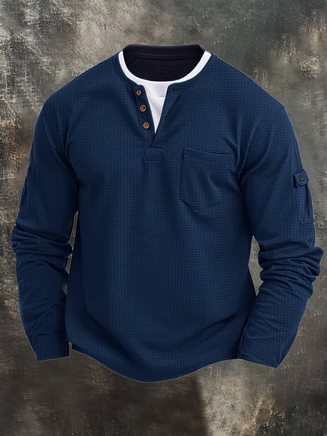 Vintage Basic Waffle de manga larga Henley para hombre