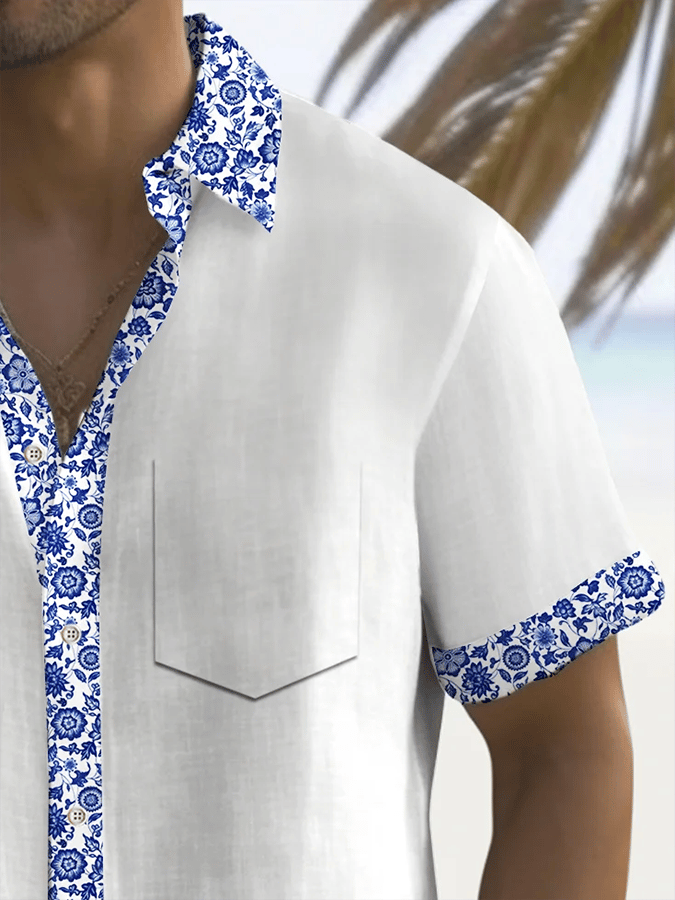 Camisa retro Contrast floral estampado casual (With Pockets) para hombre