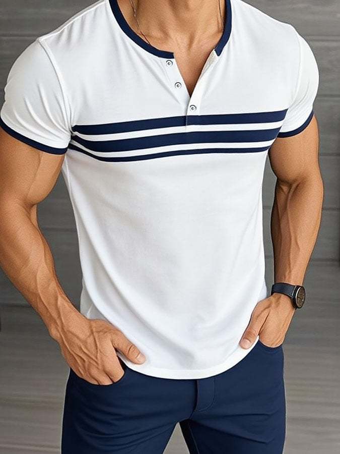Camisa casual a rayas estampado de manga corta Henley para hombre - vista 1