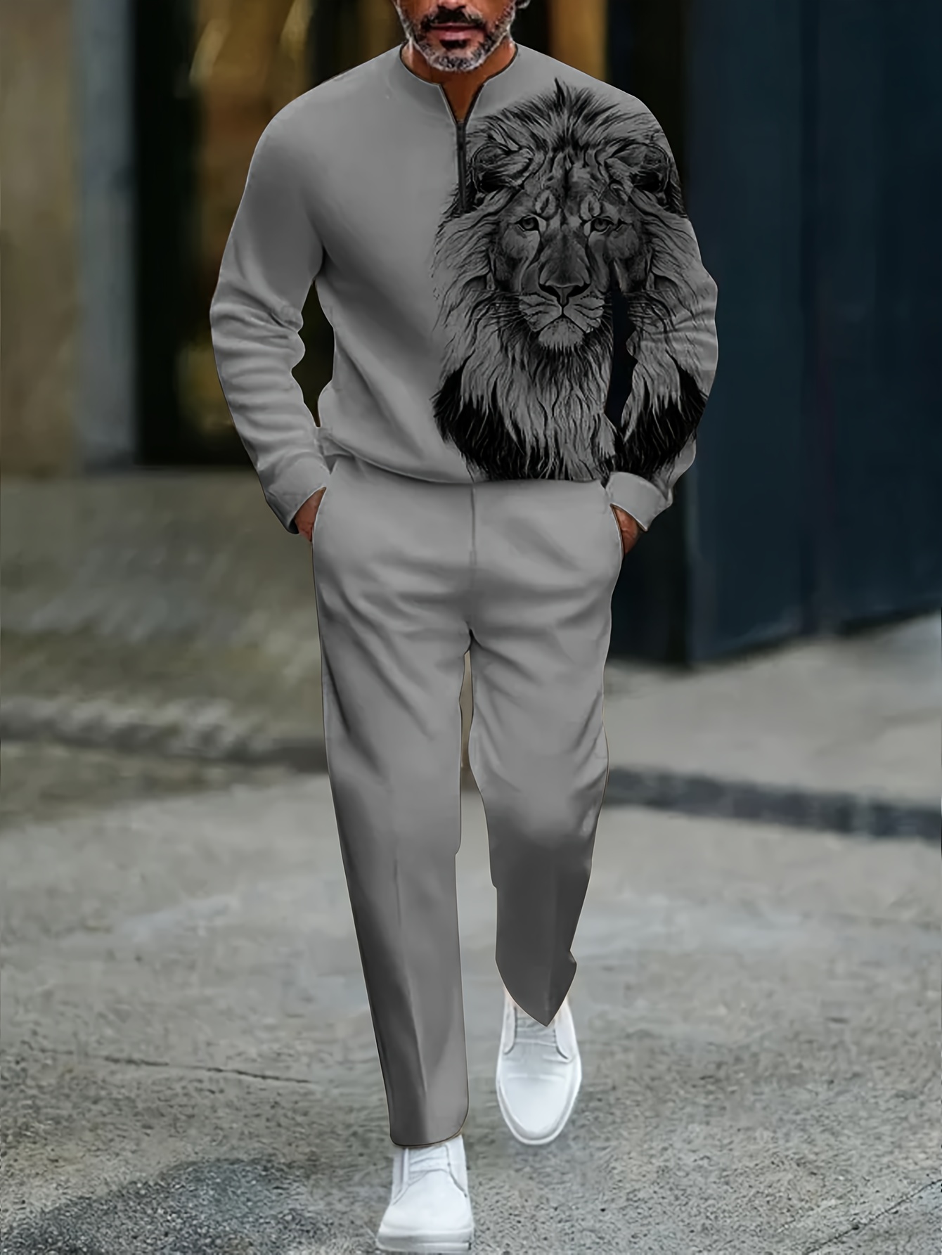 Conjunto de dos piezas casual Gray Color Matching Lion estampado Round-Neck Zipper de manga larga sudadera & Trousers para hombre