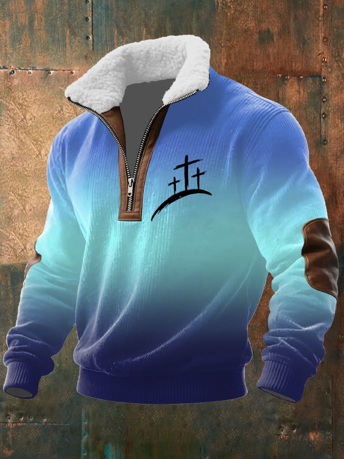 Sudadera vintage Faith estampado Zip Fur cuello de manga larga texturizado para hombre