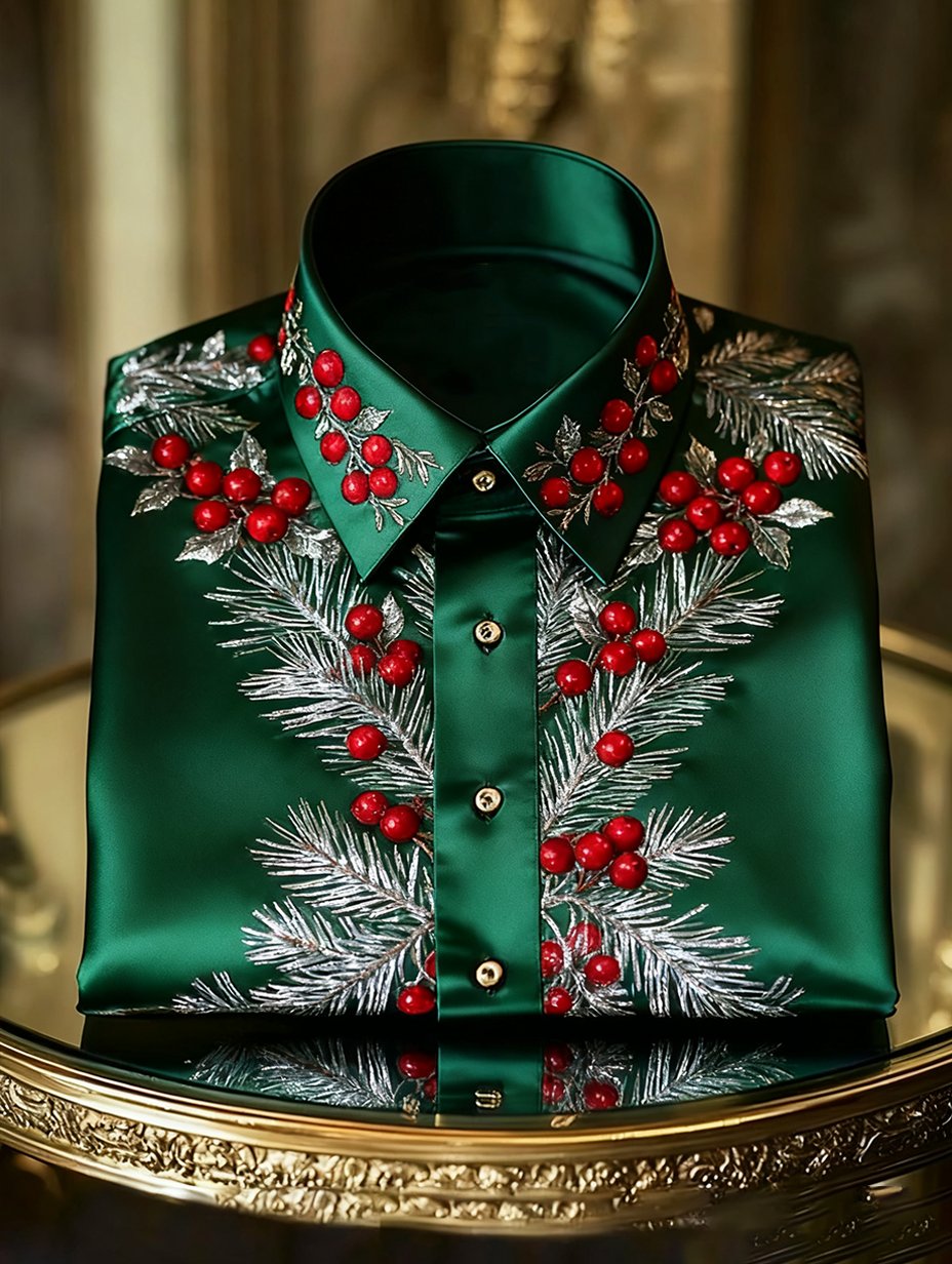 Camisa de lujo Christmas Party de manga larga con botones para hombre
