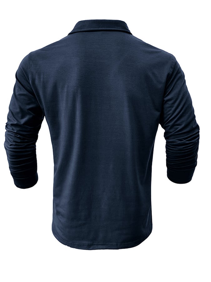 Camisa polo de color sólido de manga larga bolsillo para hombre
