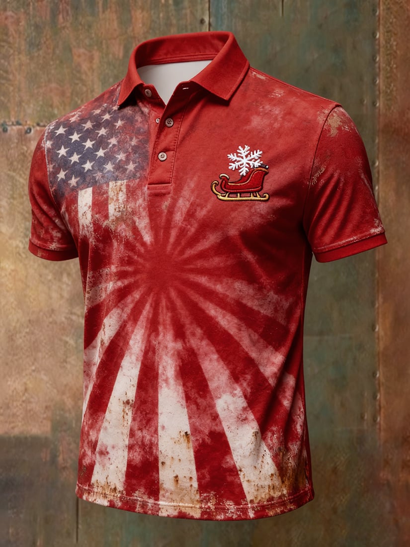Camisa polo vintage Christmas American Flag con botones de manga corta para hombre