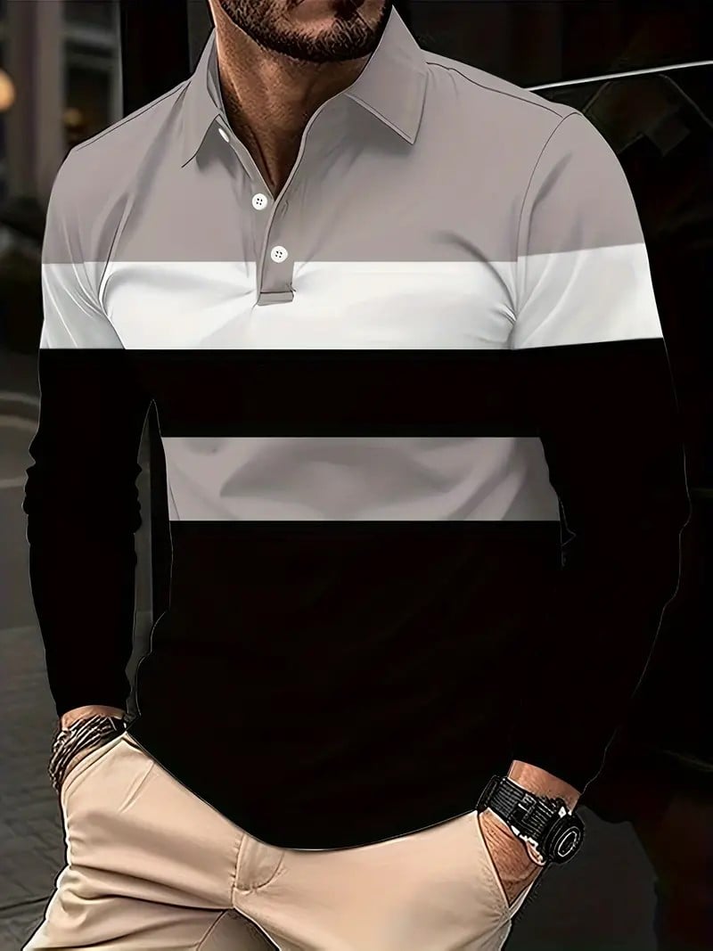 Camisa polo ejecutivo casual a rayas de manga larga para hombre