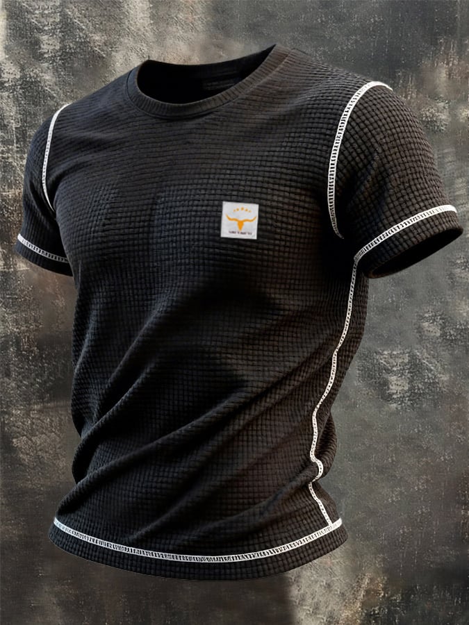 Retro en bloques de color tejido tipo waffle cuello redondo de manga corta Top para hombre