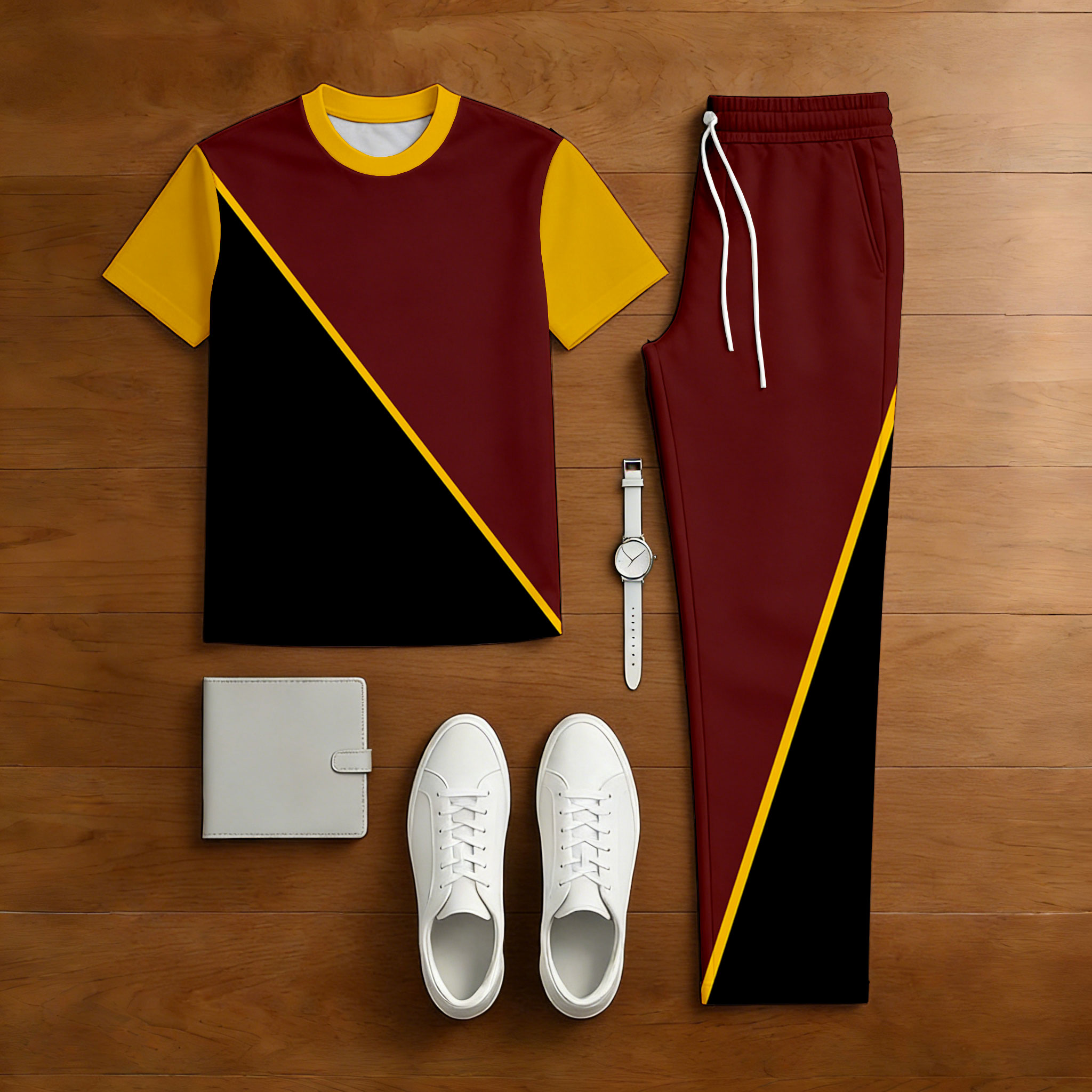 Conjunto de dos piezas casual Black & Maroon Color Matching Geometric estampado de manga corta camiseta & Trousers para hombre