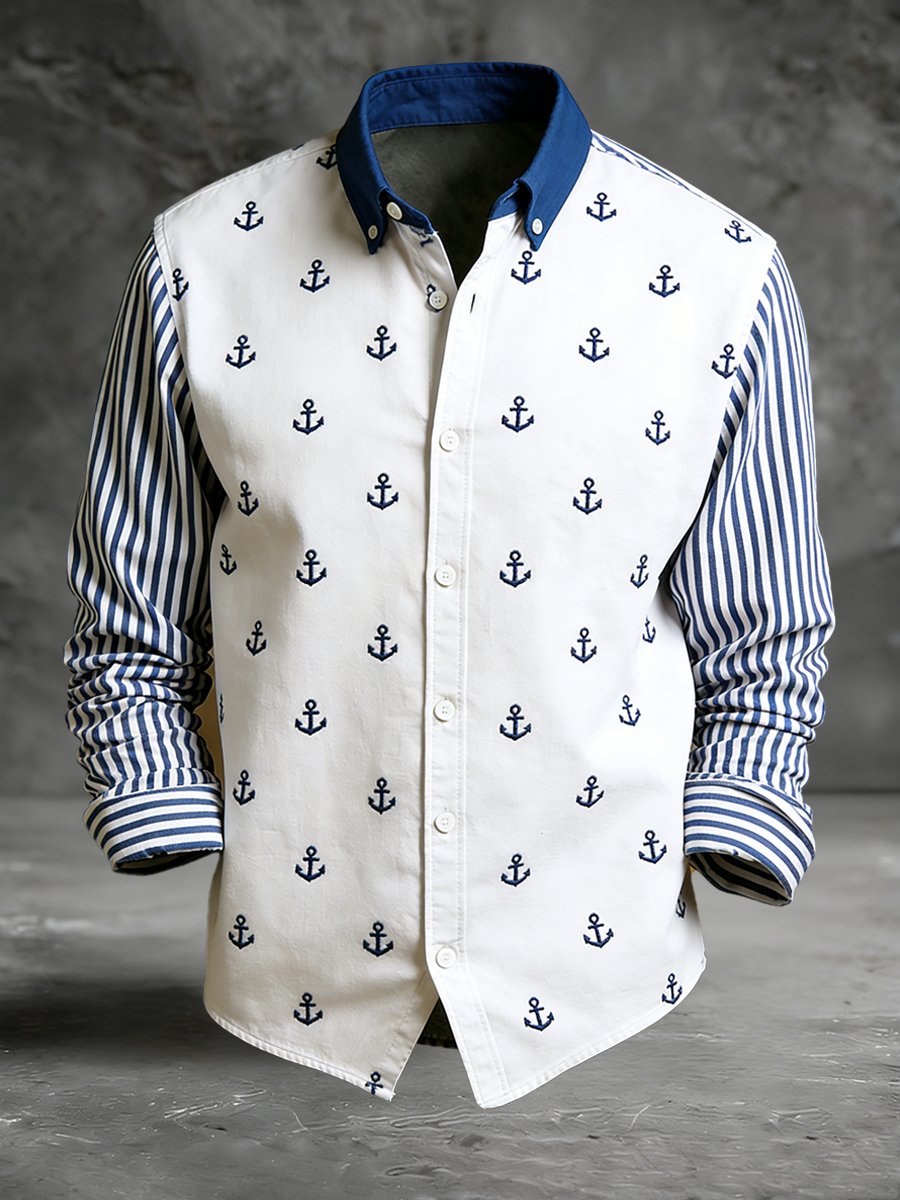 Camisa vintage navy anchor estampado de manga larga para hombre