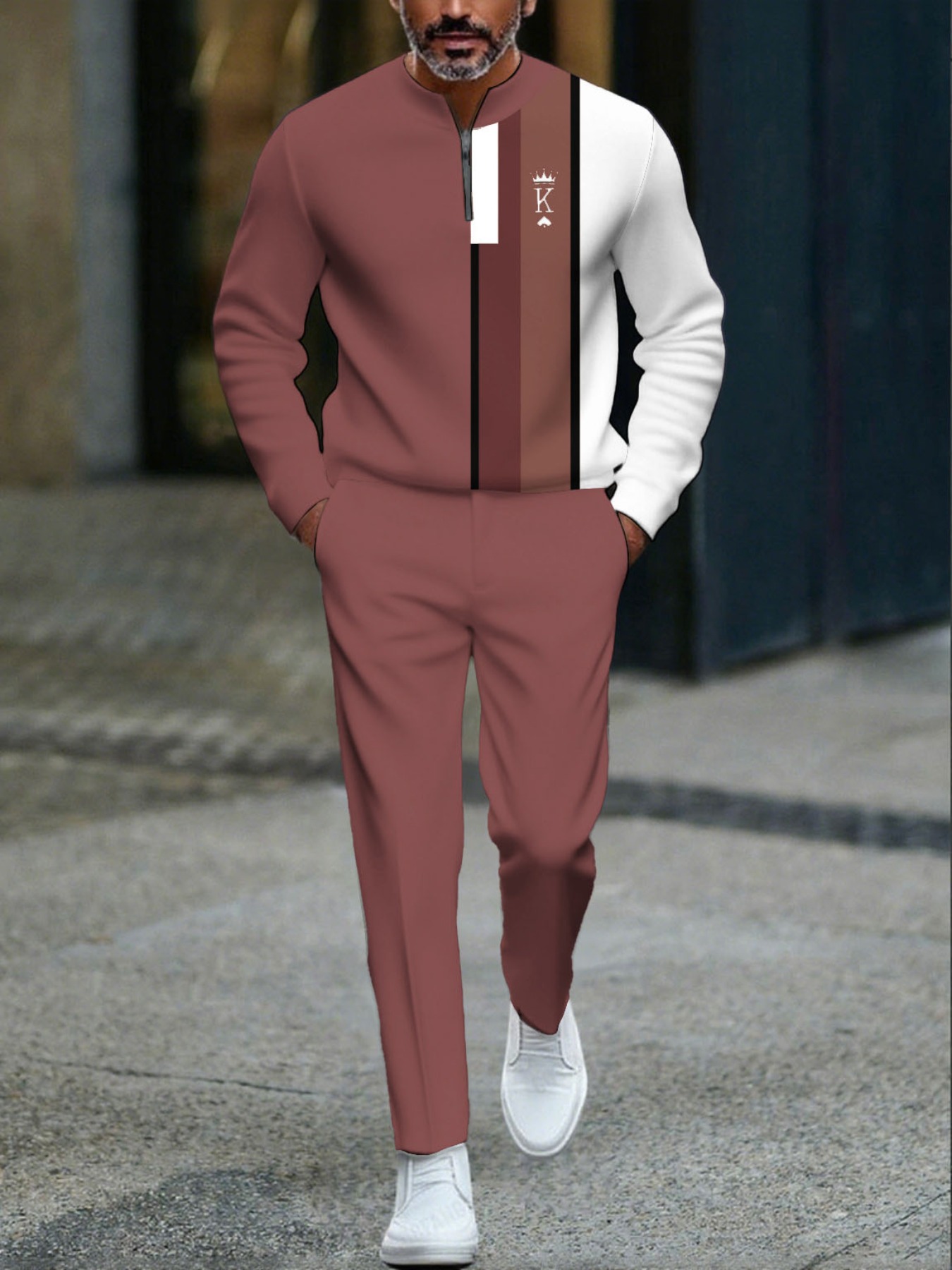 Conjunto de dos piezas casual Pink & White Color Matching Geometric estampado Round-Neck Zipper de manga larga sudadera & Trousers para hombre