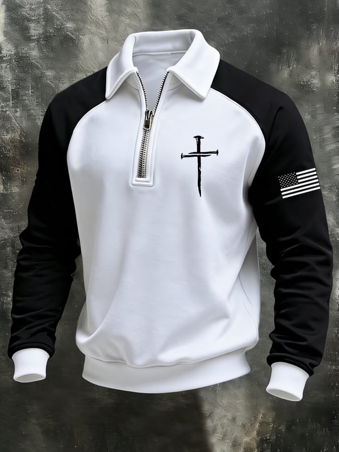 para hombre Faith-Themed Cross Zipper casual Raglan Sleeve Top-Fast Shipping
