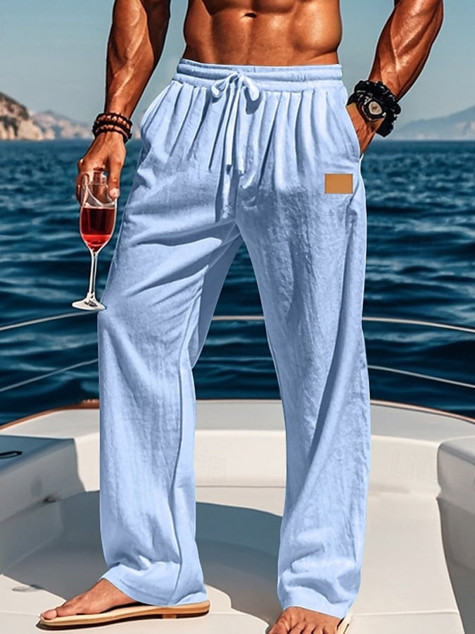 Pantalón Drawstring Elastic Waist Straight de color sólido Comfortable And transpirable para exterior Vacation Beach Vacation casual para hombre