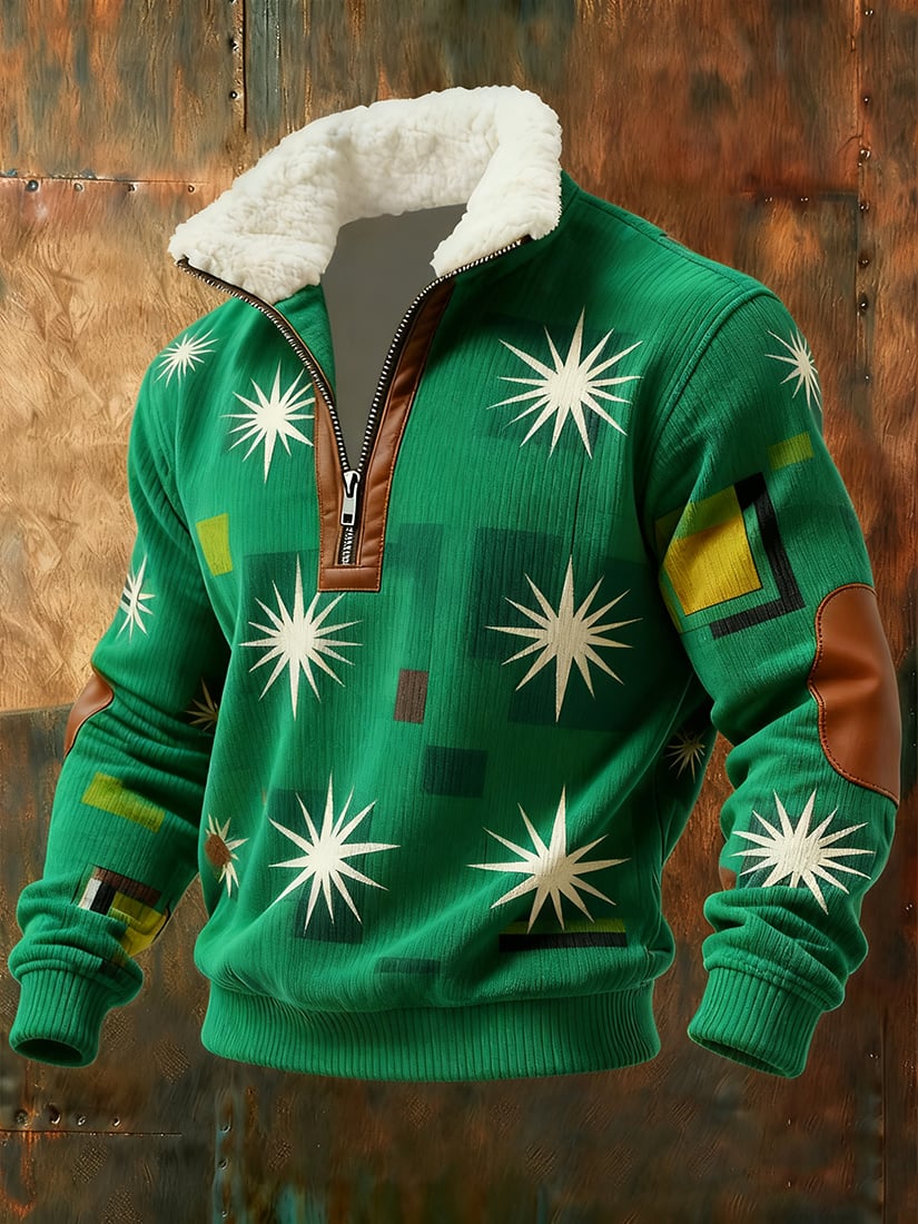 Sudadera retro geométrico Quarter Zip polar Neck para hombre