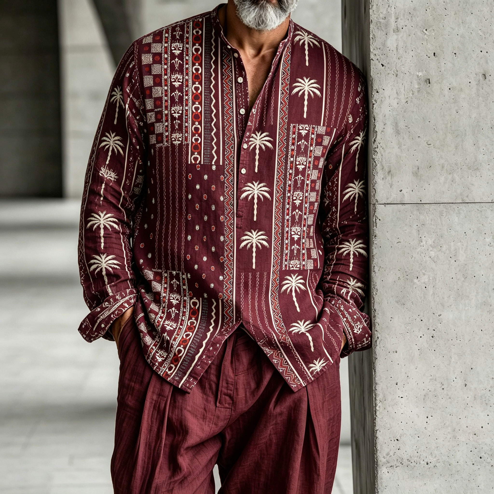para hombre Burgundy Stand-Collar Half-Open Henley camisa and pantalón