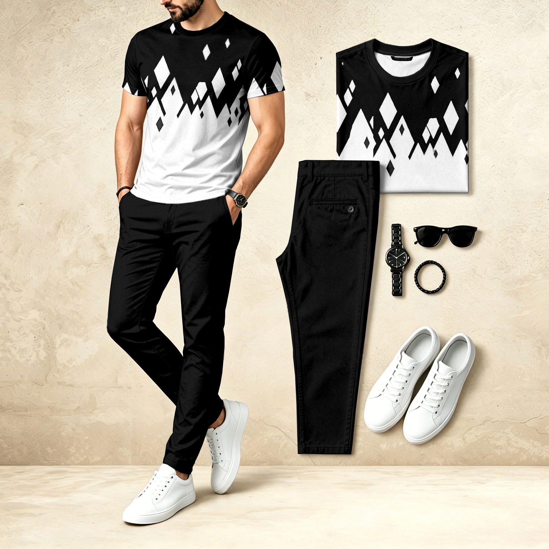 Conjunto de dos piezas casual : Black & White estampado Crew Neck de manga corta Top & Long pantalón para hombre