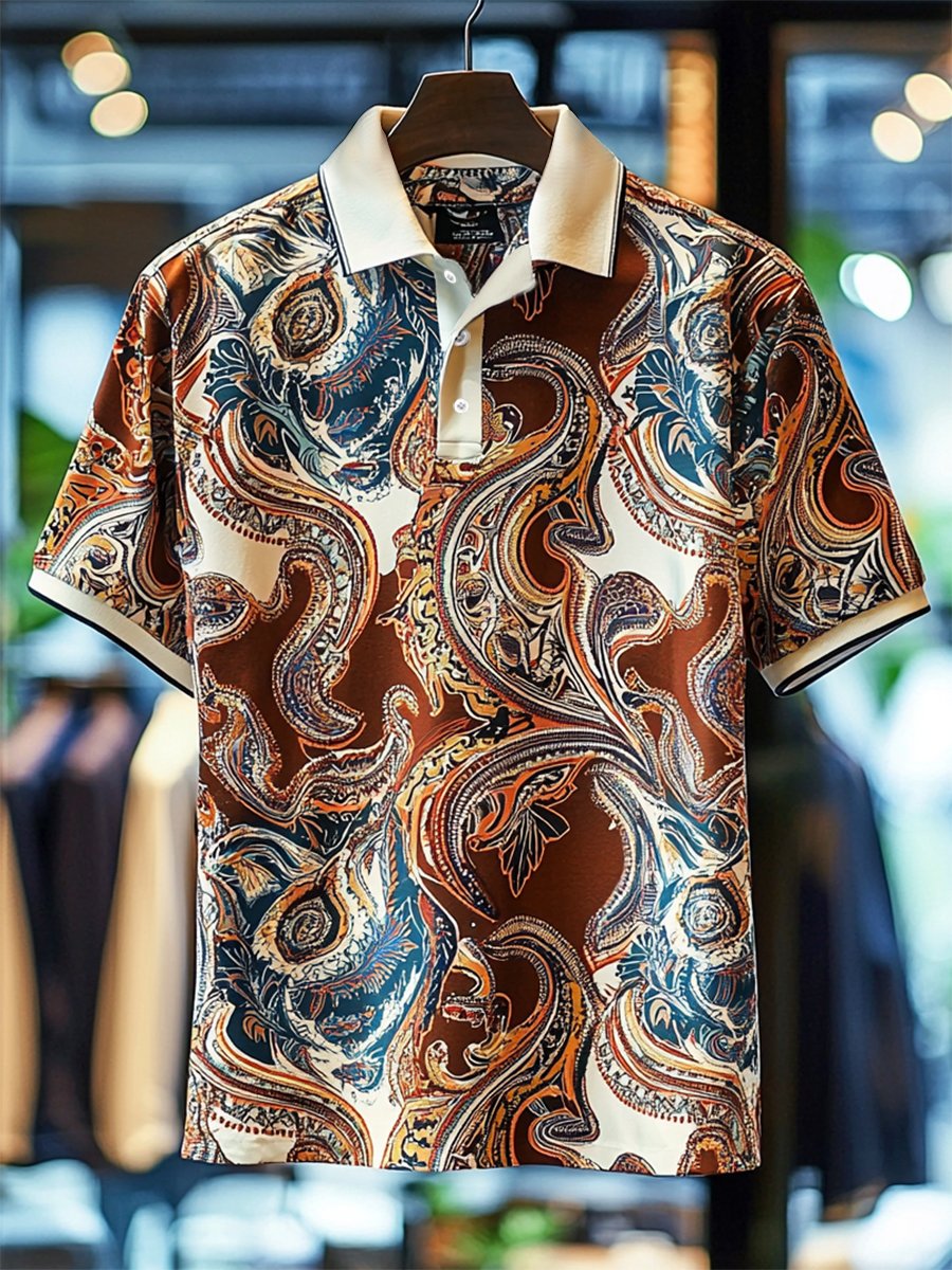Camisa polo ejecutivo casual Paisley estampado Button de manga corta para hombre