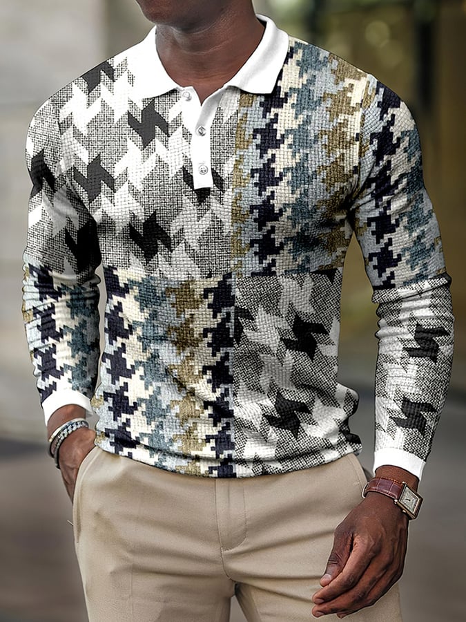 Camisa polo estampado casual Waffle de manga larga para hombre