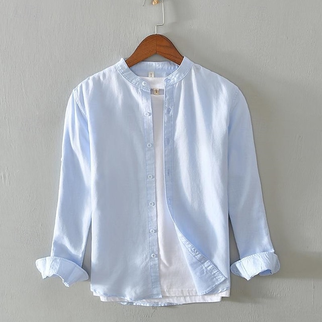 Camisa de lino camisa casual camisa Button Up camisa de algodón camisa Plain Vacation Hawaiian White Navy Blue Khaki Gray de manga larga Band Collar Spring Fall Clothing Apparel con botones para hombre