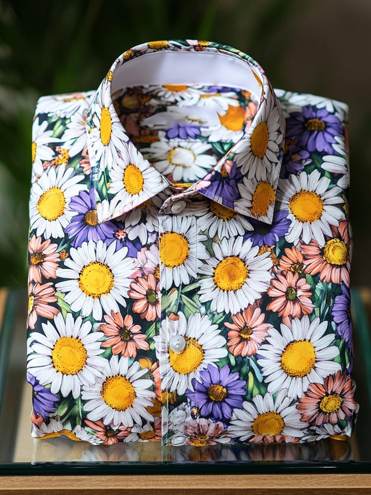 Camisa satén Luxe hawaiano Graffiti Daisy All Over estampado de manga corta Button para hombre