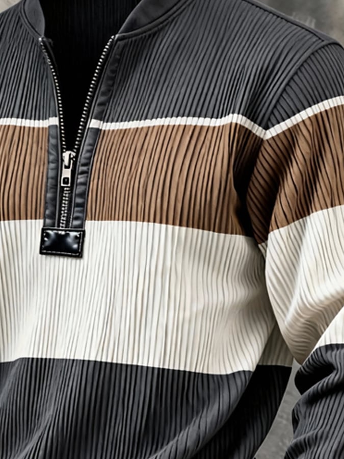 Sudadera casual retro Contrast Color Half Zip Stand cuello de manga larga para hombre